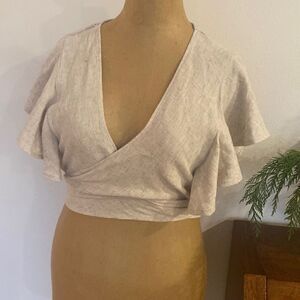 LILYFUL sz L linen rayon blend crop top ruffled sleeves wrap tie NWT beige